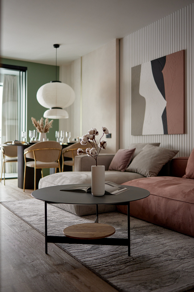 ДЕКОРАТИВНОЕ ПОКРЫТИЕ ПОД ЗАМШУ С ЛАТУННЫМИ ВСТАВКАМИ В ПРОЕКТЕ СТУДИИ NEAPOL DESIGN, ЕКБ